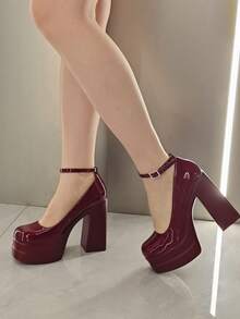 Mary Jane High Heeled Sandals Platform Chunky Heels For Women Closed Square Toe Buckled Ankle Strap ​Sandals Fashion Dress Party Pumps Valentine's Day Outfits - Màu Đỏ Sâu - Xem 1