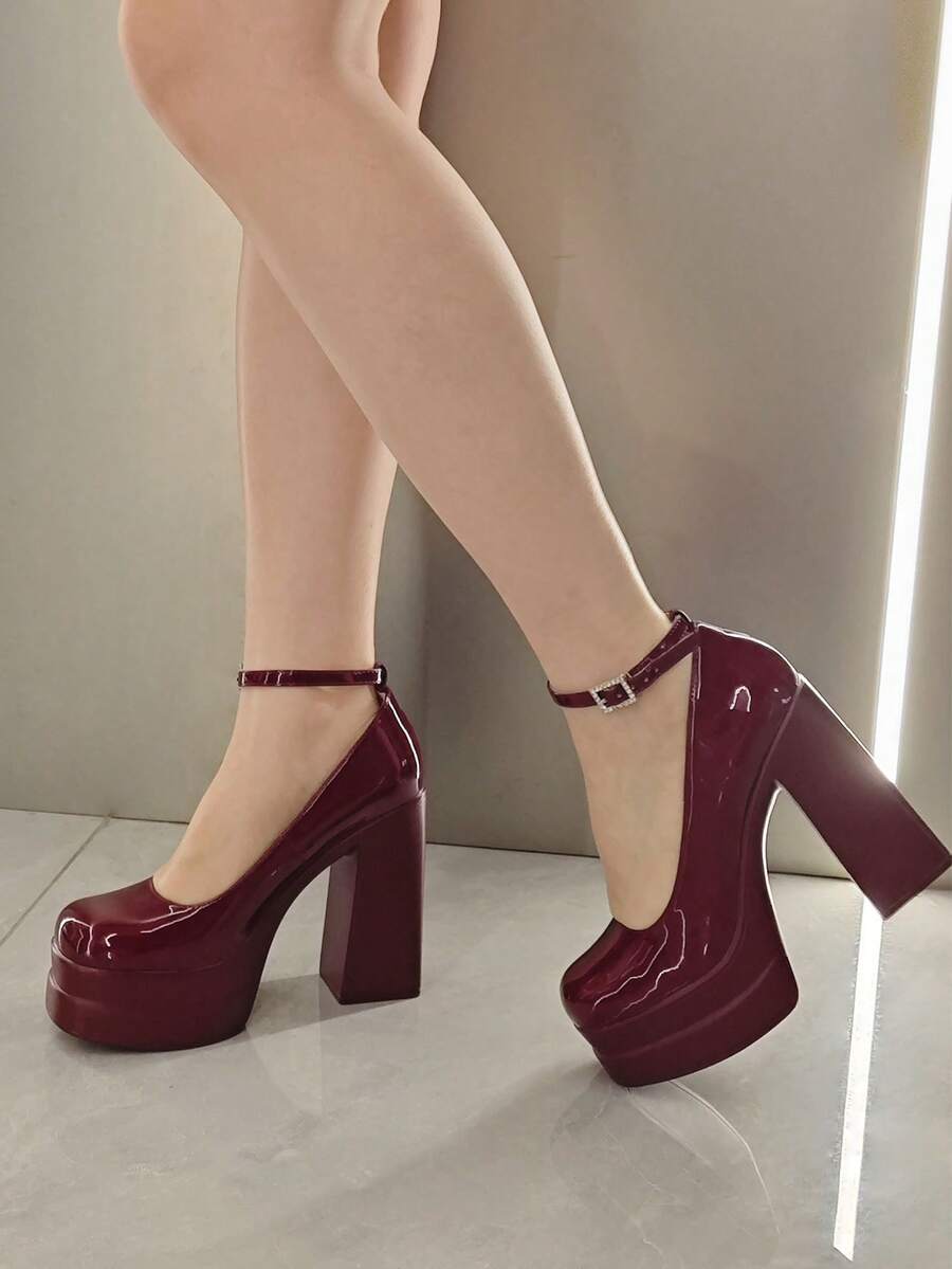 Mary Jane High Heeled Sandals Platform Chunky Heels For Women Closed Square Toe Buckled Ankle Strap ​Sandals Fashion Dress Party Pumps Valentine's Day Outfits - Màu Đỏ Sâu - Xem 1