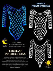 Glow-In-The-Dark Bodystocking] Neon Green & Black Glow-In-The-Dark Skeleton Fishnet Bodystocking | Long-Sleeve One-Piece With Three-Point Bikini Cut, Semi-Sheer Semi-Transparent Design For Nighttime Wear & Themed Parties, Intimate Apparel, Sexy Bodys - 藍色 - 查看 5