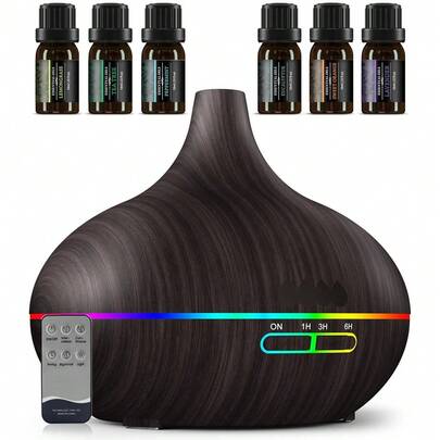 550ml Aromatherapy Diffuser, 6x10ml Oils, 7x2 LED Night Light, 23dB, 16H, 4 Timers, Auto Off, Black