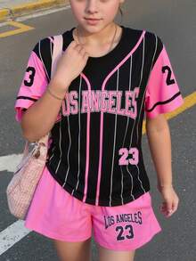 2pcs Girls Outdoor Sports Baseball Jacket & Shorts Set, Number 23 & Letter Print, Los Angeles Stripe, Short Sleeve, For Spring/Summer - Pink - View 7