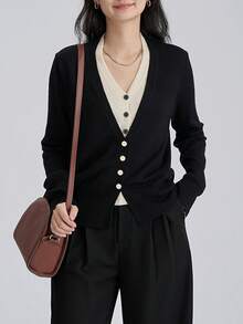 Alicedudu 女士秋冬优雅简约V领二合一毛衣开衫 - 黑色 - 查看 4