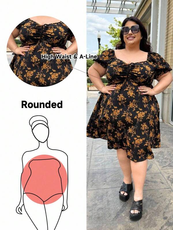 Enliva Plus Size Women Sweetheart Neck Ditsy Floral Short Sleeve Knee Length Dress