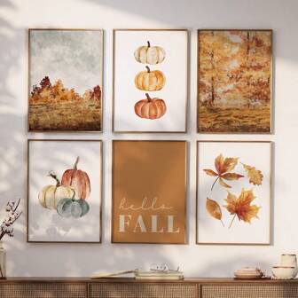 6pcs, Unframed, Autumn Landscape Wall Art, Pumpkin Prints, Halloween Print, Autumn Painting, Thanksgiving Print, Rustic Fall Decor, Wall Decor, Canvas Art Living Room, Bedroom, Kitchen, Home Office, Cafe, Bar, Dorm, Hallway, Home And Room Decoration Home Decor Halloween Decor