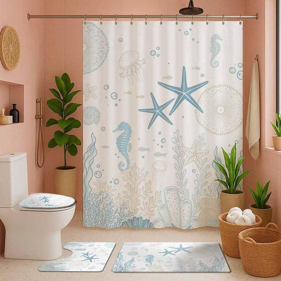 1/4 件套海洋主题浴室套装，包含浴帘、浴垫、U型马桶垫、马桶盖套、时尚遮光帘/帘子、防水浴帘，无需钻孔，涤纶材质，可机洗，浴室装饰 - 彩色 - 查看 1