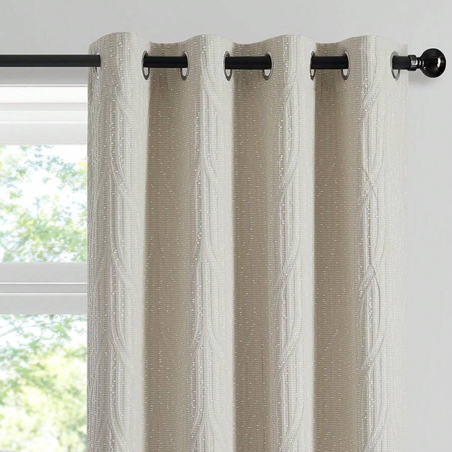 Beige And Black% Blackout Geometric Pattern Curtains, 52 Inch Wide 96 Inches Long 2 Panels, Thermal Insulated Noise Reducing Anti-Rust Grommet Drapes Bedroom Living Room,, Modern Style, Energy-Efficient - 奶油白 - 查看 1