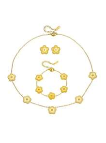 1pc/Set Elegant Minimalist Versatile 18K Gold Plated Stainless Steel Clover Necklace, Bracelet, Earrings & Ring Jewelry Set, Suitable For Women Everyday & Party Wear