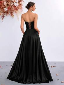 Elisanya Vestido de gala para fiesta con espalda descubierta y cintura fruncida con lazo - Negro - Ver 2