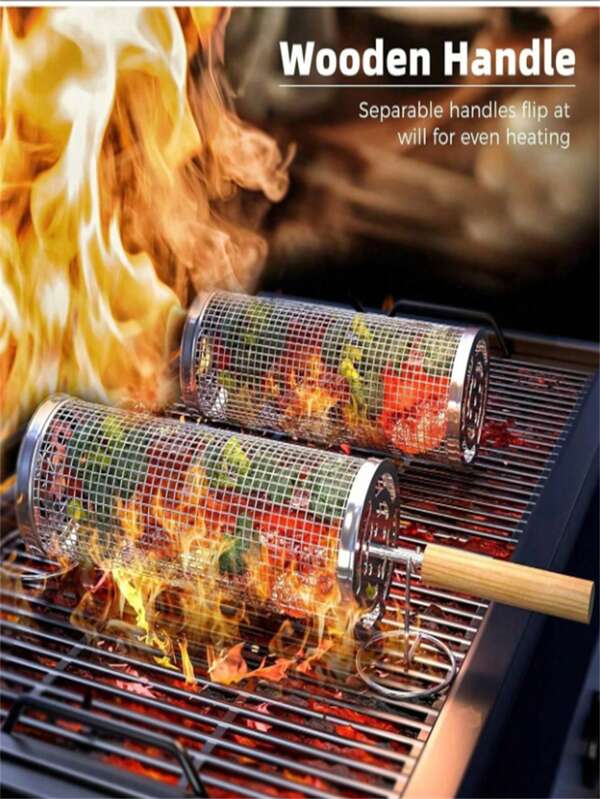 Seven-Piece Set, Upgraded Nested Barbecue Basket, Made Of 304 Stainless Steel, Rolling Grill Tube Net For Vegetables And Shrimp Accessories, A Gift For Men, Dads, And Husbands, Outdoor Barbecue And Picnic.