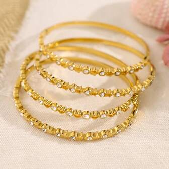 1pc New Titanium Steel Bracelet, Gold-Color Narrow Edge Zirconia Inlaid Five-Pointed Star & Circular Flower Design Open Bangle Bracelet