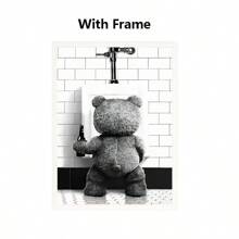 1 pièce - Image sur canevas abstraite style vintage d'un ours buvant de la bière et urinant dans les toilettes. Idéal pour décoration murale de salle de bain à la maison.