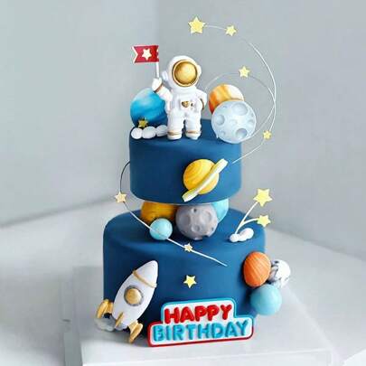 1pc Rocket Stars Astronaut Cake Topper Blue Planet Cupcake Topper For Outer Space Theme Birthday Party Cake Decorations, Wedding Decor, Party Supplies, Not 3D, But Flat