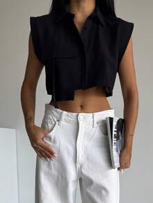 黑色时尚基本款纯色休闲前扣设计无袖短款衬衫 - 黑色 - 查看 2