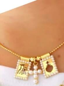 1pc Dainty Sacred Heart Scapular Necklace Gold Plated Double Tiny Pearl Rectangle Charm Bead Chain Necklace Religious Gift