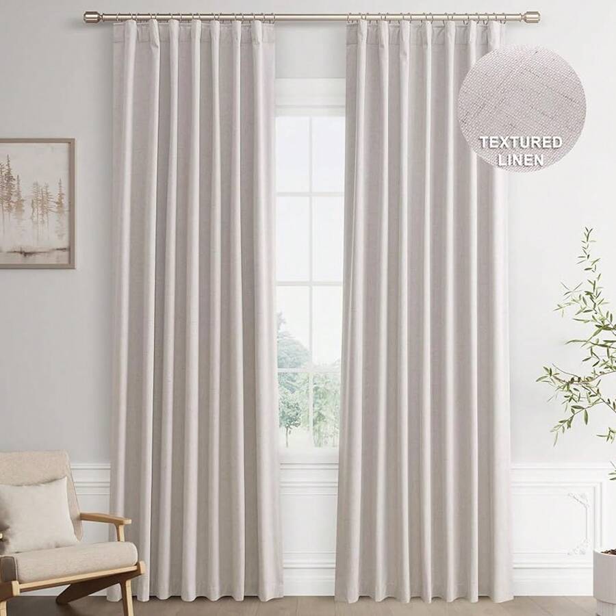 Beige Linen% Blackout Curtains 84 Inch Long, Rod Pocket/Back Tab/Hook Belt/Clip Rings, Thermal Insulated Drapes Bedroom Living Room With Hooks (1 Panel, 60 X 84), Stylish Window Treatments - 香檳酒 - 查看 1