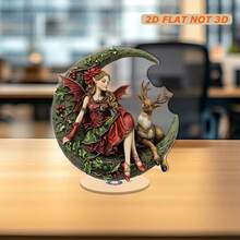 2D Flat, 1pc Rotating Acrylic Decor - Christmas Elf On Crescent Moon With Wing, Reindeer And Holly Pattern Details, Vibrant Colors, For Holiday Display, Festive Gatherings, All Season Home Decor (Bedroom, Kitchen, Living Room)