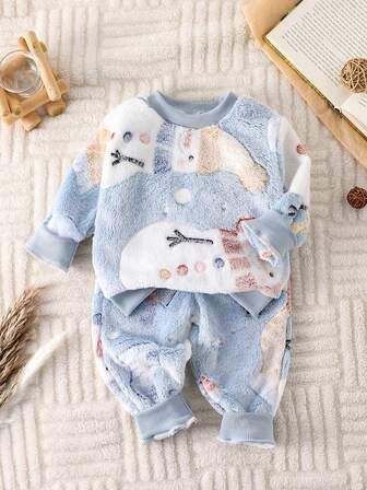 Set de 2 piezas de ropa casual de invierno para bebé niño, con diseño de muñeco de nieve de dibujos animados en la parte superior de cuello redondo de franela y pantalones a juego