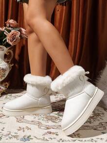 2025 Botas de nieve populares de unicolor con lazo, suela gruesa y esponjosa, botas cortas de invierno para mujer con forro grueso para fiestas/uso casual, para ir al trabajo/esquí al aire libre con suela antideslizante de algodón con forro polar