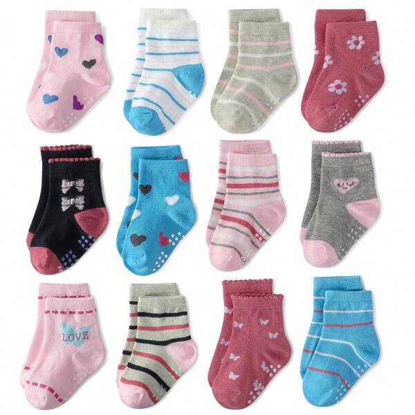 12 Pairs Girls' Knee-High Socks, Non-Slip Dotted, Comfortable Polyester Socks Suitable For Toddlers Aged 0-7 Years Old, All Seasons