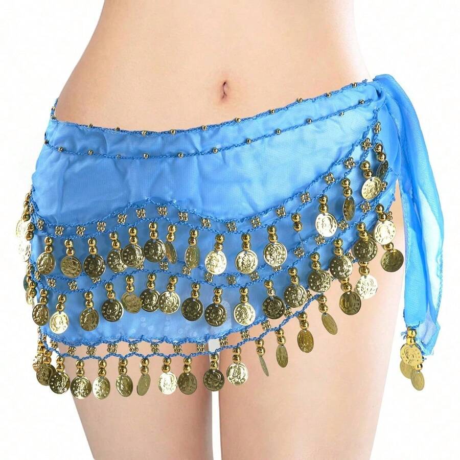 Belly Dance Hip Scarf With 128 Gold Coins, Belly Dancer Belt Scarf Skirt For Women