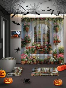 1 pieza de Cortina de ducha para el jardín al aire libre con bellas flores de tulipán, plantas verdes, hojas y enredaderas, estilo de moda, decoración del baño del hogar, cortina de ducha, cortina divisoria de la bañera, con 12 ganchos, accesorios de decoración del patio para el fondo del baño - Multicolor - Ver 12