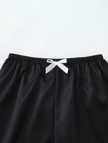 两件套缎面纯色睡衣套装，长袖翻领上衣和蝴蝶结长裤，女士家居服，秋冬服装 - 黑色 - 查看 6