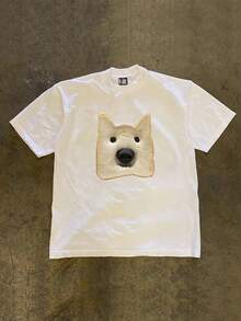 Cotton Short-Sleeved T-Shirt With 3D Dog Bread Print, Casual Crew Neck Knit T-Shirt - Summer Fashion, Regular Fit, Animal Print Pullover With Ribbed Detail For Adults - 白色 - 查看 1