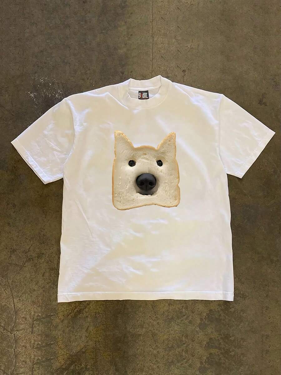 Cotton Short-Sleeved T-Shirt With 3D Dog Bread Print, Casual Crew Neck Knit T-Shirt - Summer Fashion, Regular Fit, Animal Print Pullover With Ribbed Detail For Adults - 白色 - 查看 1