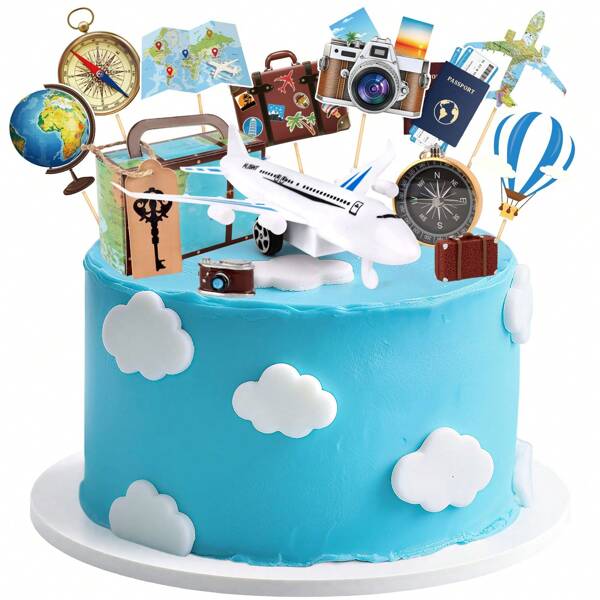Fowecelt 34 Pcs Travel Cake Topper Decorations Let The Adventure Begin Travel Theme Cupcake Toppers Mini Suitcase Airplane Cameras Miniature Compass For Journey Birthday Party Decorations