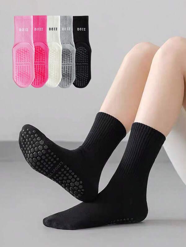 3/5 Pairs Women Fashion Non-Slip Yoga Socks, Comfortable Pilates Dance Jump Rope Trampoline Colorful Mid-Calf Socks