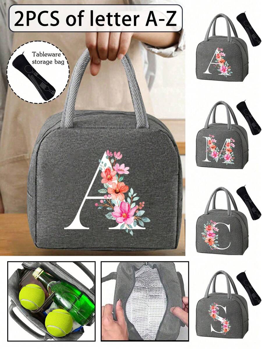 2 件 - 字母印花图案保温袋和餐具收纳袋、保温午餐袋 - 粉色花朵和白色字母图案、手提包、午餐盒、冰袋、野餐食品手提包、帆布轻便便携式午餐收纳袋