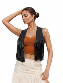 Womens Leather Tassel Vest 70s Hippie Costume Sleeveless Cowgirl Western Outerwear - 黑色 - 查看 8