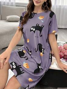 Váy ngủ tay ngắn rộng rãi, mềm mại, thoải mái, họa tiết mèo hoạt hình dành cho nữ - Màu tím - Xem 2