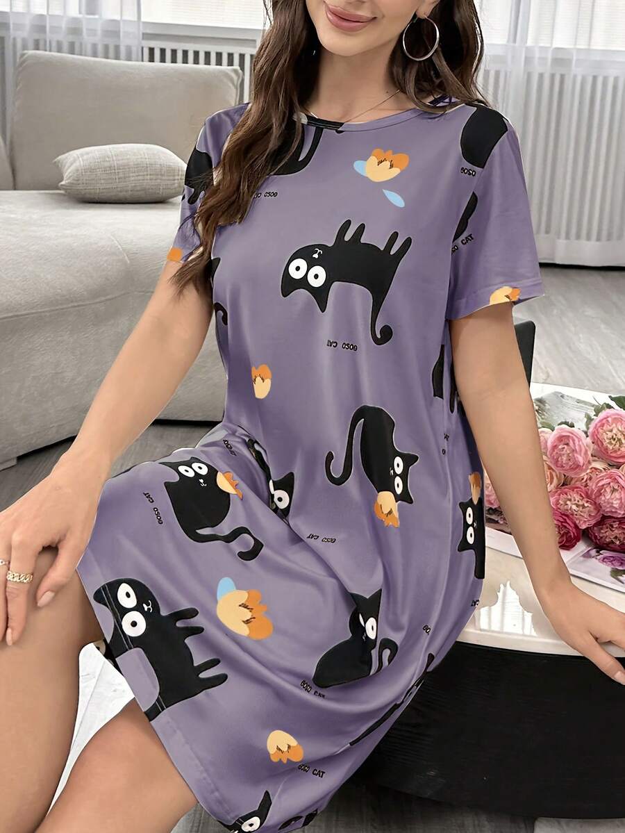 Váy ngủ tay ngắn rộng rãi, mềm mại, thoải mái, họa tiết mèo hoạt hình dành cho nữ