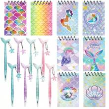 16件套美人鱼主题派对礼盒套装 - 包括8本海洋主题笔记本和8支美人鱼笔，笔身饰有海星图案和鲜艳的美人鱼插图，采用塑料和纸质材料，非常适合生日、海滩装饰和美人鱼主题庆祝活动，是美人鱼派对装饰的理想之选。 - 彩色 - 查看 1