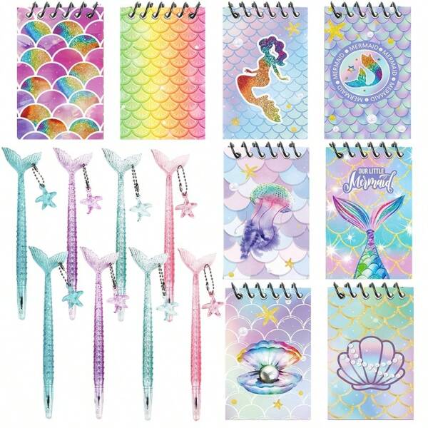 16pcs Mermaid Party Gift Set - Includes 8 Ocean-Themed Notebooks & 8 Mermaid Pens With Starfish Design, Vibrant Mermaid Illustrations, Plastic & Paper Material, Perfect For Birthdays, Beach Decor, And Mermaid Celebrations, Mermaid Party Decorations