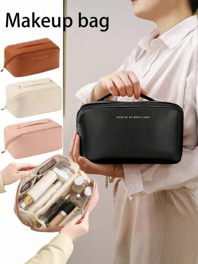 1个多功能旅行化妆包，防水PU材质，大容量，双层设计，带隔层，适合收纳化妆品、洗漱用品、护肤品、眼影、腮红、旅行必备彩妆、浴室用品、购物用品、度假用品
