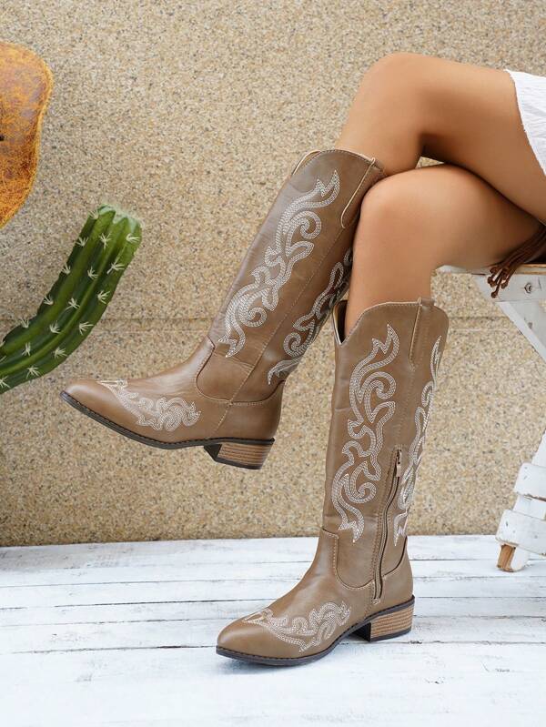 Western Embroidery Mid-Calf Boots, Multi-Color, Spring/Autumn, European & American Style Cowboy Boots, Chunky Heel Mid-Calf Versatile Women Boots