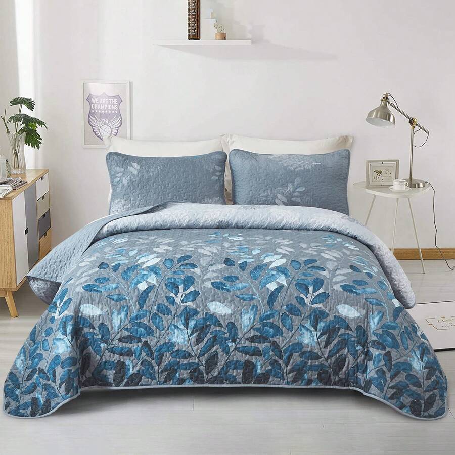 2025 Blue Floral Coverlet Set-Quilted Bedspread Sets (3Pcs),For All Season, Comfortable Soft Breathable, Suitable For Bedroom, Home Dorm Decoration, Christmas Gifts - MÀU XANH 02 - Xem 1