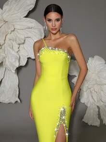 Elisanya 绷带连衣裙女士单肩手工串珠性感紧身开衩优雅鸡尾酒会晚礼服 - 黃色 - 查看 7