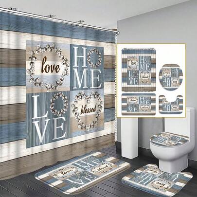 4pcs (Rustic) Text Pattern Curtain Shower Curtain Decoration, Beautiful New Home Gift For Modern Home Decoration. The Waterproof Shower Curtain And Toilet Mat Trio Comes With 12 Shower Curtain Hooks. Bathroom Decor