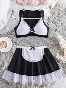 2件套新款性感女士内衣套装，蕾丝边蝴蝶结装饰三角杯文胸+网纱荷叶边裙连体围裙腰蕾丝拼接情趣短裙，黑白配色情趣制服套装 - 黑色 - 查看 3