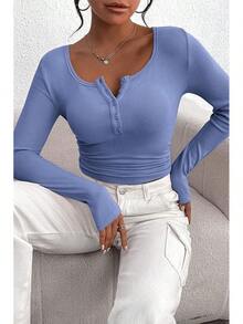 Blusas casuales básicas de mujer con botones y punto acanalado de manga larga para verano y otoño 2025 - Neblina azul - Ver 4