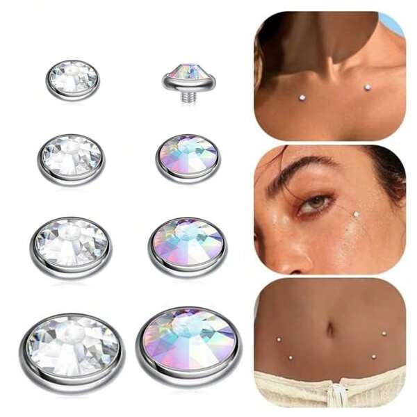 8 Stücke hypoallergene Dermal Tops Haut Piercing Schmuck 14G AB Strass Chirurgenstahl Punk Dermal Piercing Körperschmuck Nieten Geschenk 3mm 4mm 5mm 6mm