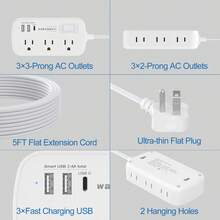 Flat Plug Surge Protector Power Strip, Waksmart 5 Ft Ultra Thin Extension Cord With 3 USB Wall Charger(1 USB C), 6 Outlets Compact Desk Charging Station Wall Mount For Office, School, Dorm, ETL Listed - Xem 7