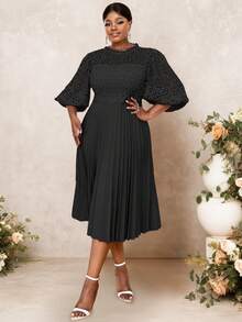 蕾丝褶皱连衣裙半灯笼袖镂空优雅中长款婚礼宾客、毕业典礼服装 - 黑色 - 查看 6