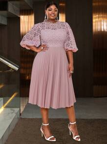 Lace Pleated Dresses Half Lantern Sleeves Hollow Out Elegant Midi Wedding Guest,Graduation Outfit - Dusty Pink - View 2