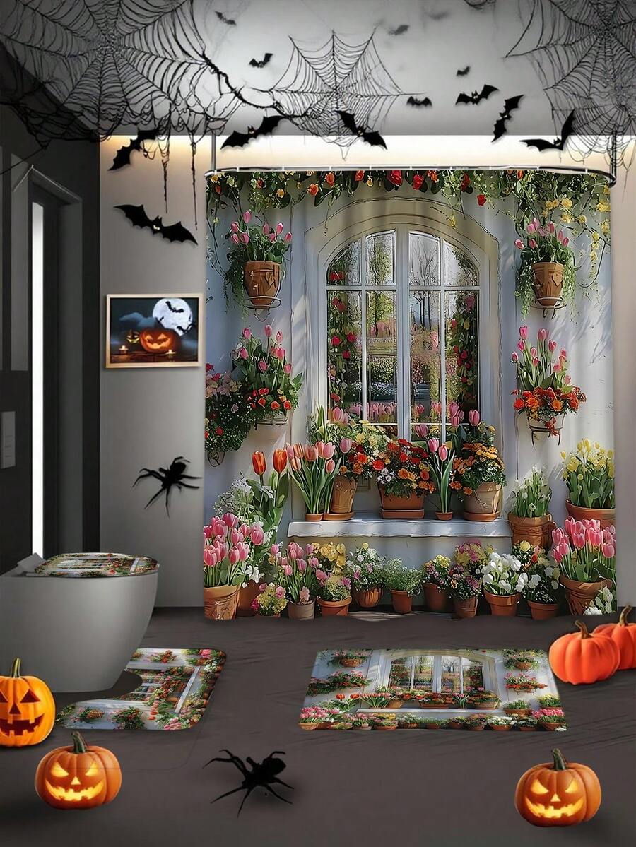 1 pieza de Cortina de ducha para el jardín al aire libre con bellas flores de tulipán, plantas verdes, hojas y enredaderas, estilo de moda, decoración del baño del hogar, cortina de ducha, cortina divisoria de la bañera, con 12 ganchos, accesorios de decoración del patio para el fondo del baño