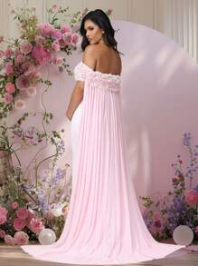 JustVH Maternity Floral Off-Shoulder Dress For Baby Shower, Mesh Cloak Maxi Women Outfit Photoshoot Prop