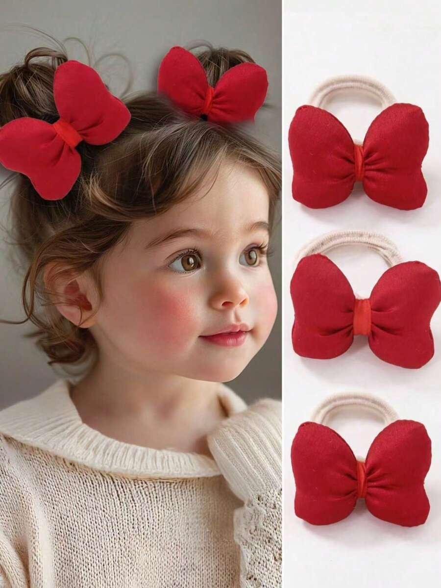 2 件/套女孩红色纯色面料填充棉质 3D 蝴蝶结弹力发带，可爱甜美公主风格，适合日常使用